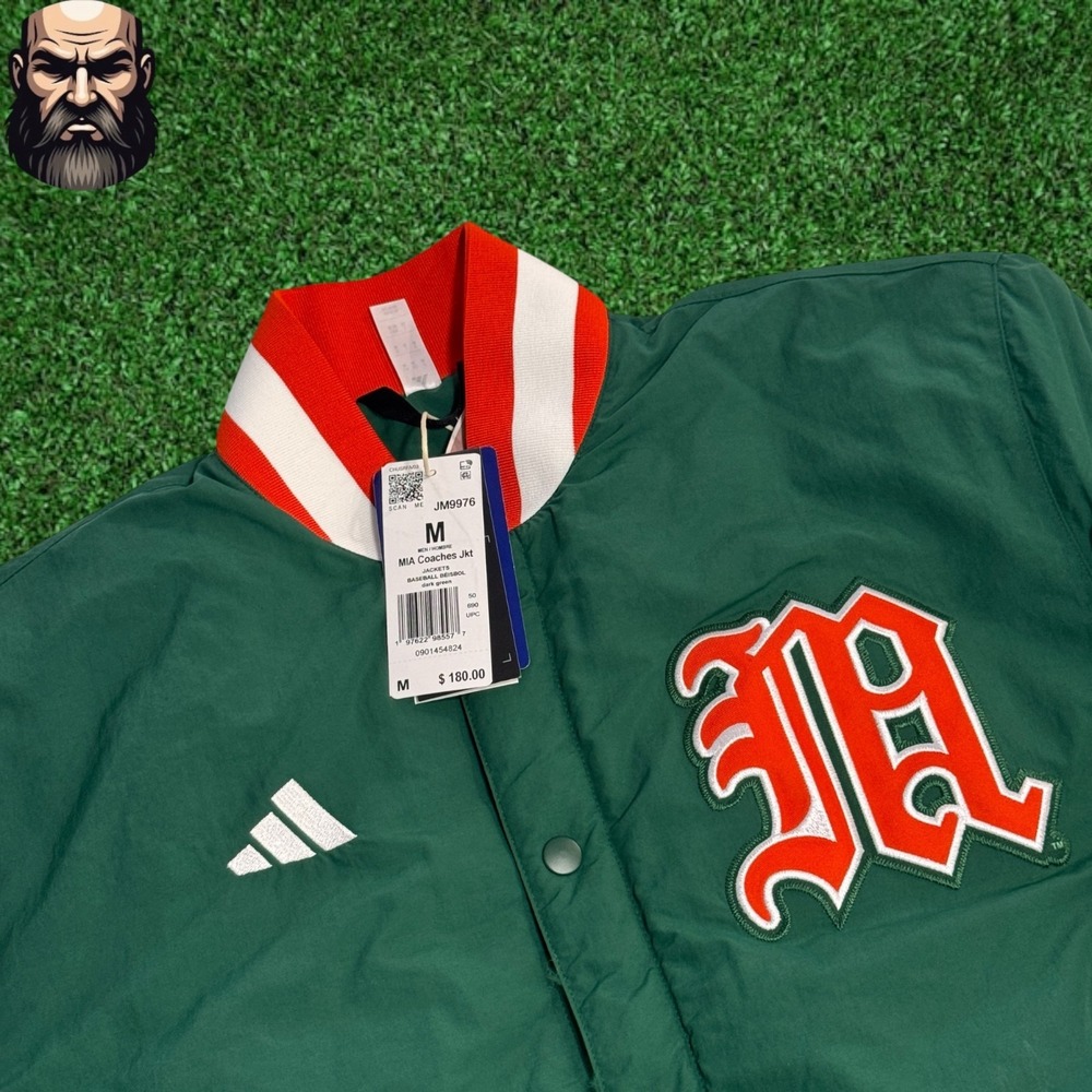 Adidas Miami Hurricanes Coaches Dugout Jacket Dark Green JM9976 Men's Size M - Picture 2 of 3